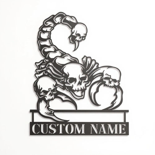 Halloween metal sign with personalized skull and scorpion art, laser-cut steel, custom family name for front porch decor | Family Wall Decor DE