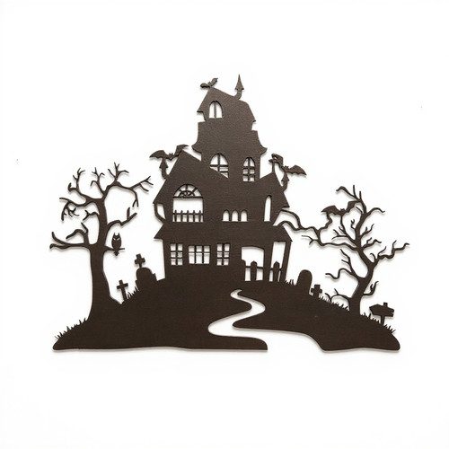 Spooky haunted house metal wall art with bats and crescent moon, matte black silhouette, vertical design for Halloween decor | Family Wall Decor UK