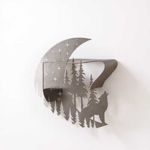 Howling moon metal wall art with wolf silhouette howling at full moon, rustic black finish, wall decor for living room | Family Wall Decor UK