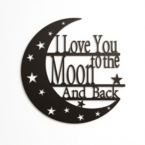 I Love You To The Moon And Back metal wall art in matte black, crescent moon and stars script, romantic bedroom decor | Familywalldecor