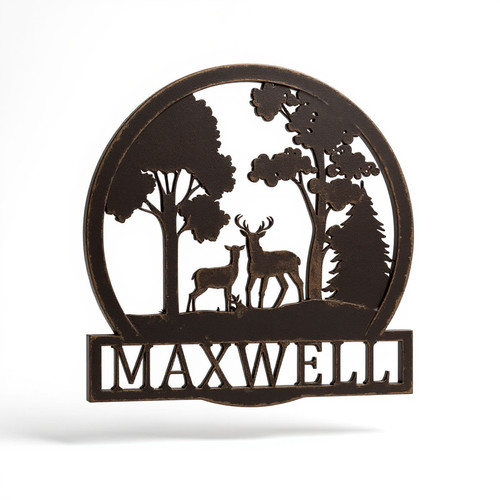 Deer family metal sign, personalized with your family name, laser-cut black steel with pine trees for rustic cabin wall decor | Familywalldecor