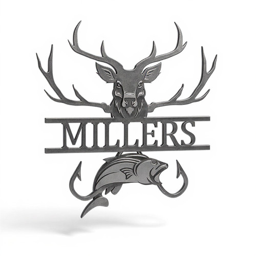 Deer hunting and fishing metal sign, personalized wall decor with names and date for cabin or man cave, rustic black finish | Family Wall Decor