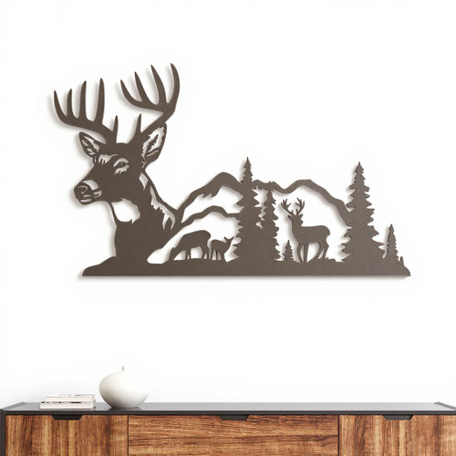 deer mountain view metal wall art, personalized, silhouette scene for living room or entryway, rustic cabin decor accent | Family Wall Decor