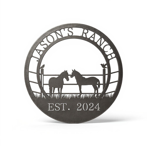 Horse ranch metal sign, custom family farm cut steel with horse silhouette, custom name and est. date, black powder-coated | Family Wall Decor