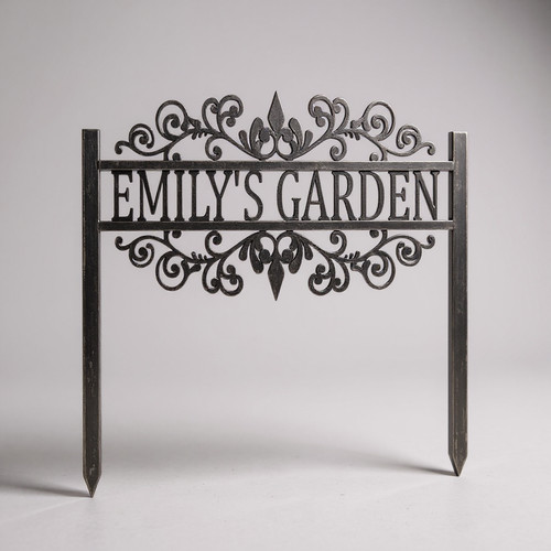 Custom metal garden stake personalized with family name in script and flower motif, black powder-coated, vertical yard sign | Family Wall Decor