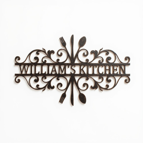 Kitchen metal monogram wall art, personalized family initial sign in black powder-coated steel with fork and spoon motif | Family Wall Decor AU