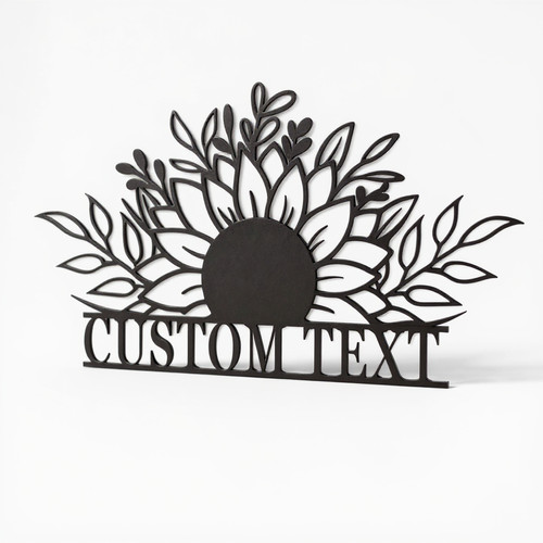 Sunflower metal wall art with personalized family name, powder-coated black, farmhouse entryway decor; housewarming gift | Family Wall Decor