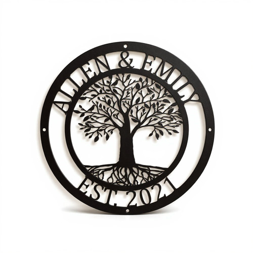 Tree of Life metal wall art sign, personalized with family name and est. date, round black powder-coated finish for entryway | Family Wall Decor