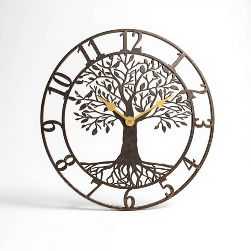 Tree of Life metal wall clock with black powder-coated cutout branches and roots, round silhouette, for living room decor | Family Wall Decor