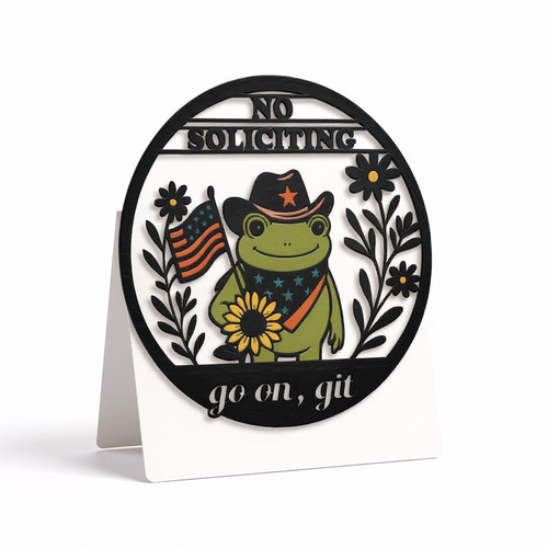 No Soliciting yard sign with bold easy-read lettering on a lawn stake, deters door-to-door sales at the front entry | Familywalldecor