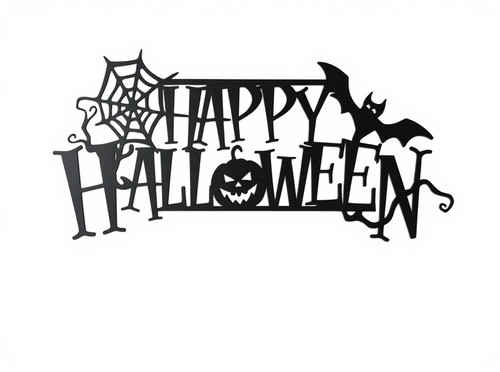Happy Halloween metal wall sign with bat silhouette, spooky decor for front door or entryway, black cutout style wall art | Familywalldecor