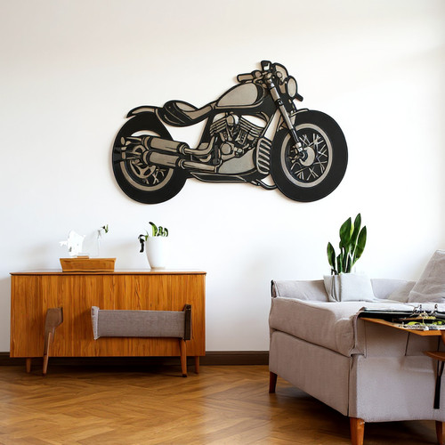 Motorcycle metal wall art featuring a cruiser silhouette in black powder-coated steel, horizontal layout for garage decor | Familywalldecor