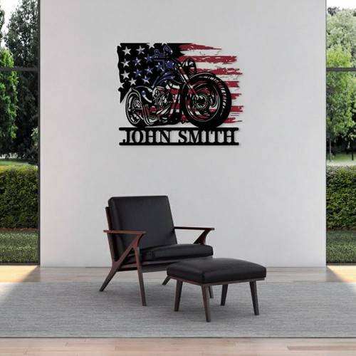 US flag motorcycle metal sign, personalized wall art in cutout metal, customizable with name for garage or man cave decor | Familywalldecor