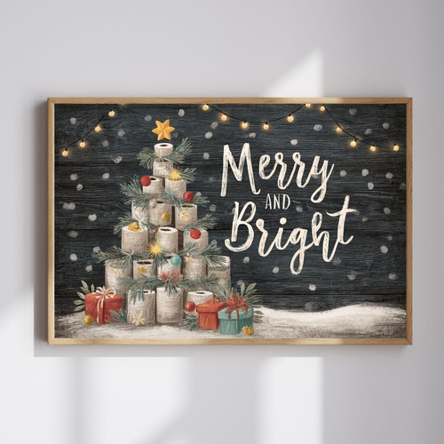 Christmas canvas wall art featuring a whimsical toilet paper roll tree with star, perfect for festive bathroom wall decor | Family Wall Decor