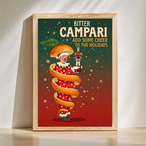 Retro Christmas cocktail canvas art featuring a red aperitif bottle and festive script, perfect for vintage kitchen decor | Family Wall Decor