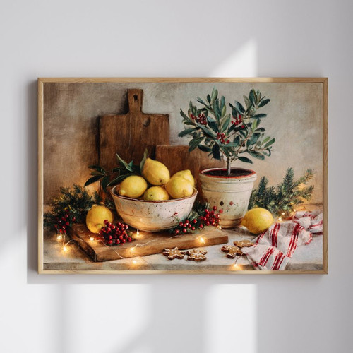 Farmhouse Christmas canvas art still life for rustic kitchen decor, greenery and crockery, horizontal with warm vintage tones | Family Wall Decor