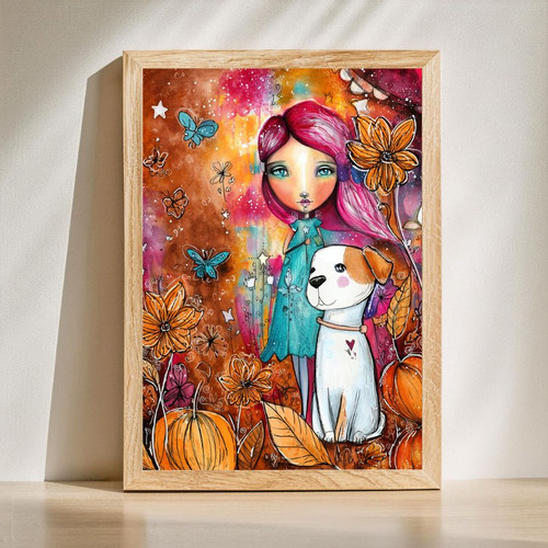 Thanksgiving canvas wall art with fairy-tale girl and dog among autumn leaves and pumpkins, perfect for kids' room decor | Family Wall Decor