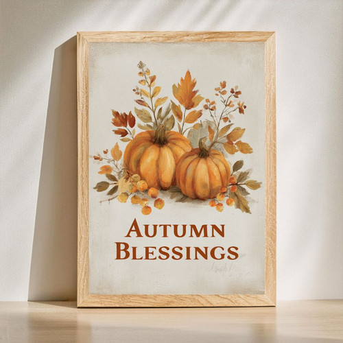 Autumn Blessings pumpkin canvas wall art with hand-lettered script and warm harvest tones for cozy home office decor | Familywalldecor