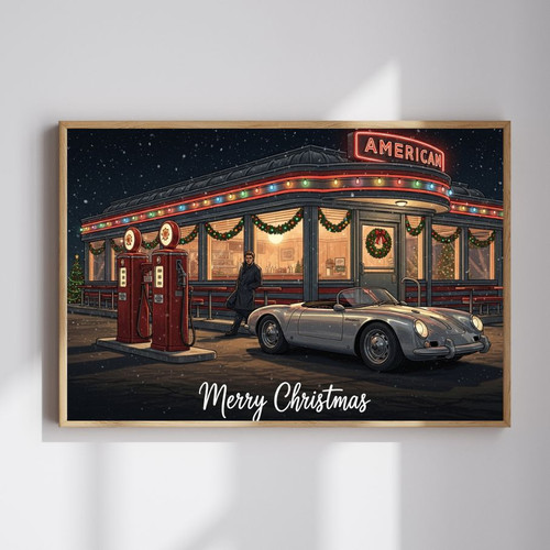1950s Christmas canvas wall art featuring Midnight Fuel & Mistletoe theme, retro holiday vibe perfect for man cave wall decor | Familywalldecor