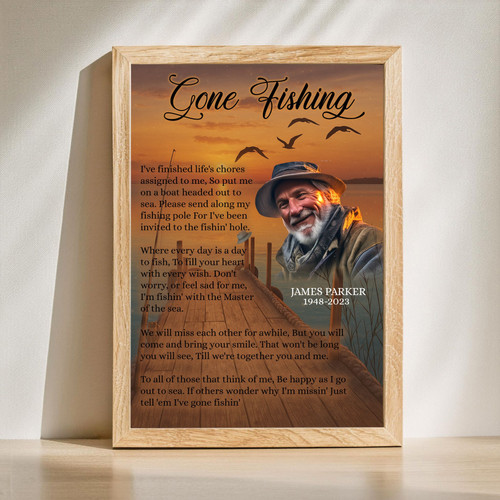 Fishing memorial canvas wall art with custom photo and name, honoring a loved one with angler motif; sympathy gift | Familywalldecor