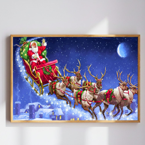 Santa's Sleigh Wall Art And Decor For Living Room Or Office - Christmas Canvas Poster With Santa, Reindeer And Bedroom Decoration | Familywalldecor