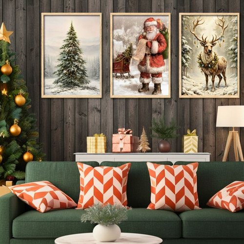 Vintage Christmas Canvas Set With Santa's Sleigh - Nostalgic Winter Wall Art For Living Room & Bedroom | Familywalldecor