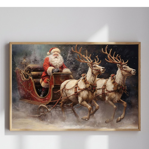 Vintage Santa's Sleigh Canvas For Living Room Christmas Farmhouse Decor | Family Wall Decor