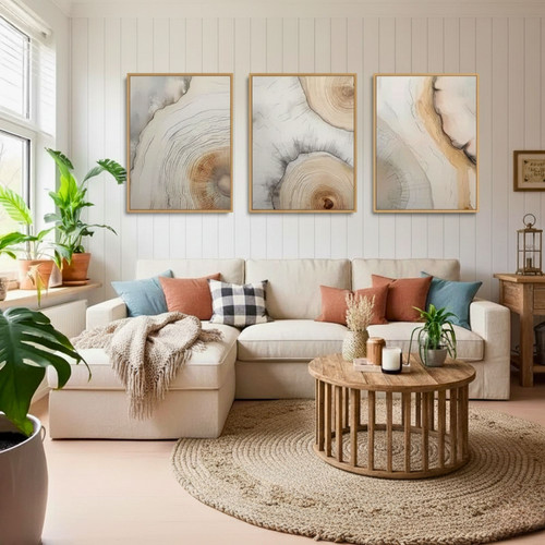 Abstract Beige Tree Ring Canvas Wall Art for Serene Living Spaces | Family Wall Decor