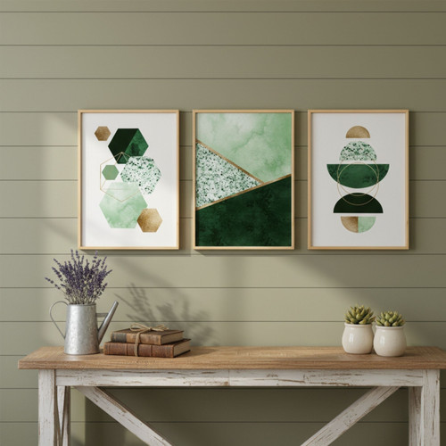 Geometric Green Gold Canvas Wall Art Set For Living Room Decor - Modern And Elegant Touch | Family Wall Decor