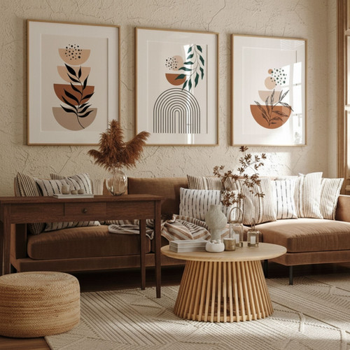 Geometric Wall Art And Decor - Boho Canvas With Botanical Line Art In Terracotta For Living Room | Family Wall Decor