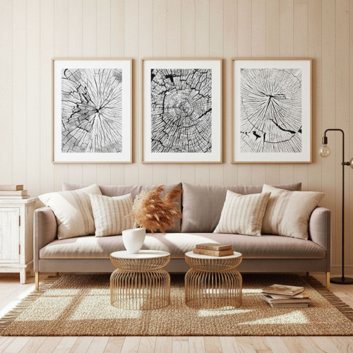 Nordic Tree Ring Canvas For Living Room - Modern Neutral Art Set Of 3 | Family Wall Decor