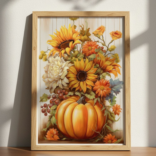 Pumpkin Sunflower Thanksgiving Canvas Wall Art For Living Room, Fall Harvest Decor | Familywalldecor