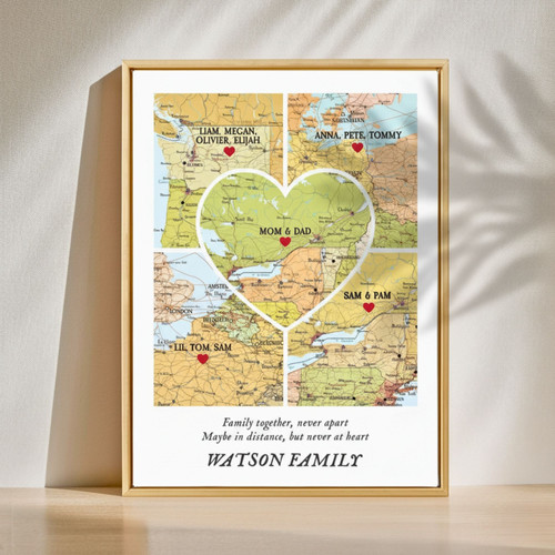 Thoughtful Christmas Family Gift Canvas: Custom 5-Place Heart Street Map For Long Distance Connections | Familywalldecor