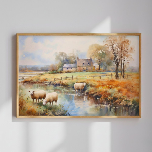 Sheep Grazing By The River - Rustic Farmhouse Canvas for Wall Decor | Family Wall Decor