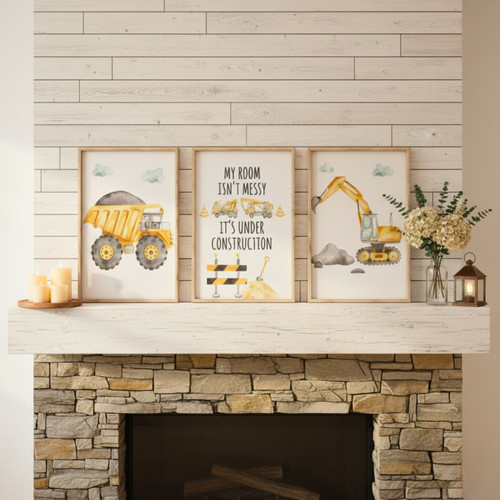 Watercolor Construction Canvas Set For Boys' Bedroom Decor - Nursery Wall Art | Family Wall Decor