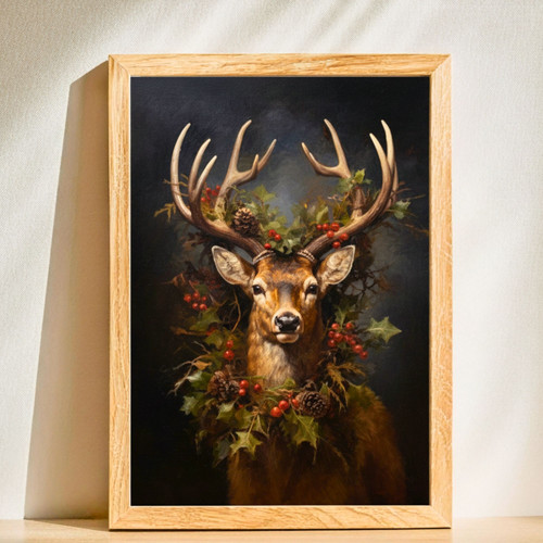 Vintage Reindeer Wreath Canvas Art for Majestic Christmas Decor | Family Wall Decor