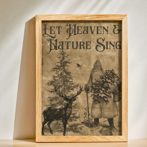 Let Heaven And Nature Sing Vintage Canvas - Woodland Santa Christmas Decor | Family Wall Decor