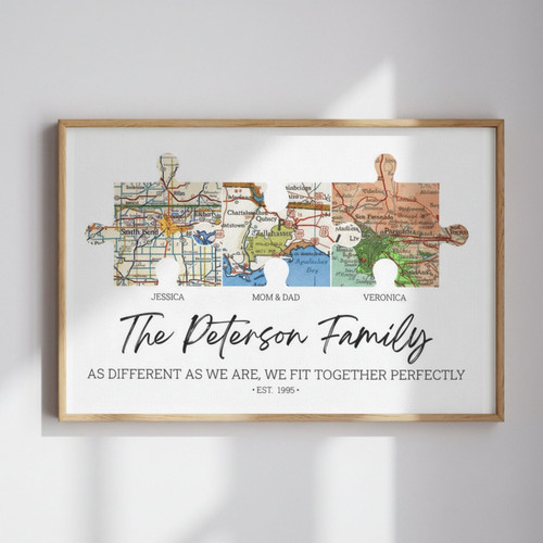 Personalized Family Puzzle Map Canvas Print - Thoughtful Christmas Gift For Parents - Long Distance Wall Art For Living Room | Familywalldecor