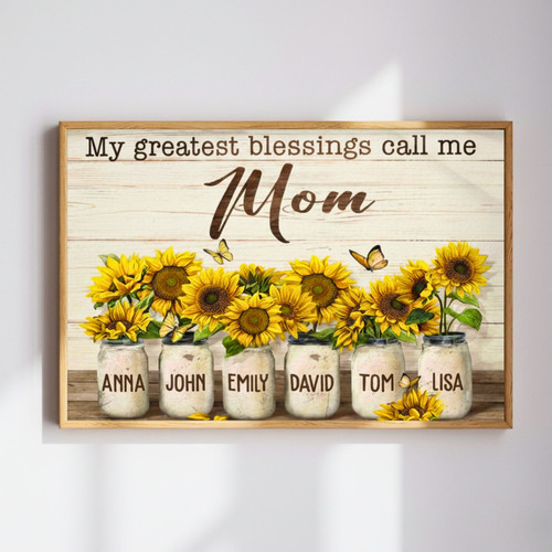 Custom Sunflower Canvas - Mom's Love Art with Kids' Names Gift | Family Wall Decor