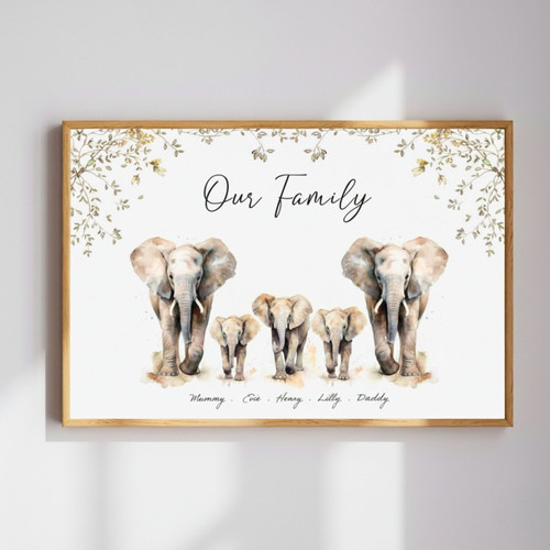 Family Herd Love - Personalized Elephant Portrait Canvas Gift | Family Wall Decor