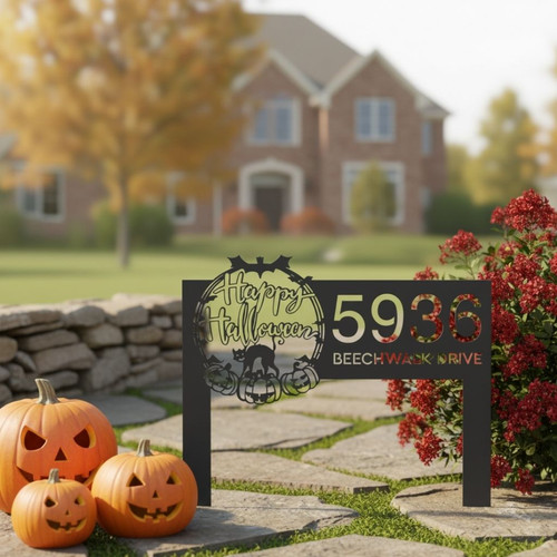 Personalized Halloween Metal Address Sign With Black Cat And Pumpkins - Custom Yard Plaque For Outdoor DéCor | Familywalldecor