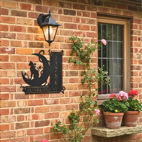 Personalized Black Cat Halloween Outdoor Address Metal Sign LED Light - Cat Lover Gift For Home Decor | Family Wall Decor