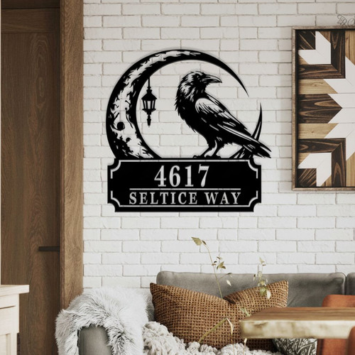 Gothic Style Halloween Address Metal Sign With Raven Led Light - Custom House Number For Spooky Home Decor | Familywalldecor