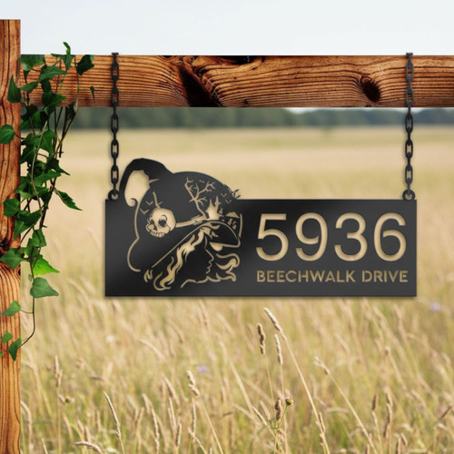 Personalized Halloween Address Sign - Witch Haunted House Outdoor Metal Plaque For Yard | Family Wall Decor
