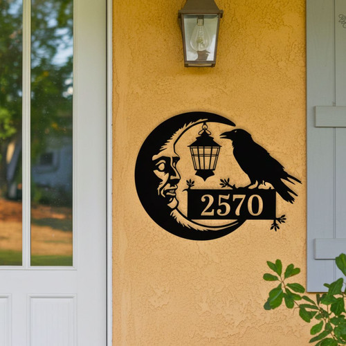 Spooky Raven And Moon Metal Address Sign For Halloween Homes | Family Wall Decor