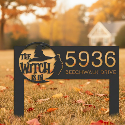 Custom Halloween Metal Address Sign For Outdoor Decor - Spooky Yard Plaque With Witch Theme | Familywalldecor