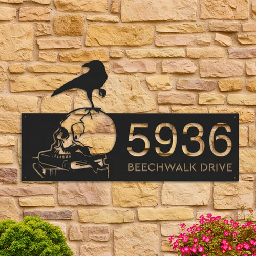 Customized Halloween Address Metal Sign With Raven & Skull Design For Outdoor Decor | Family Wall Decor