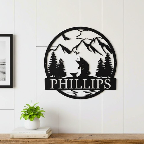 Customized Bass Metal Wall Art For Dad - Outdoor Fishing Monogram Sign | Unique Fisherman Gift | Familywalldecor