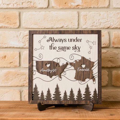 Always Under The Same Sky Wood Sign - Personalized Long Distance Family Gift For Couples Or Moving Away | Familywalldecor