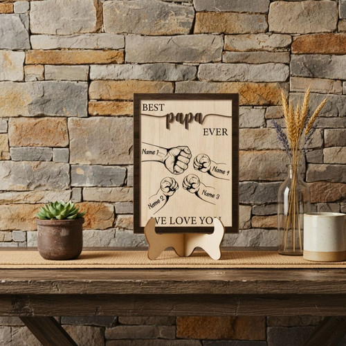 Personalized Best Dad Ever Fist Bump Wood Sign Gift For Father's Day - Customizable Kid's Name For Dad Or Grandpa | Familywalldecor